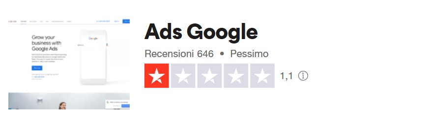 Immagine che mostra il voto di Google Ads su Trustpilot